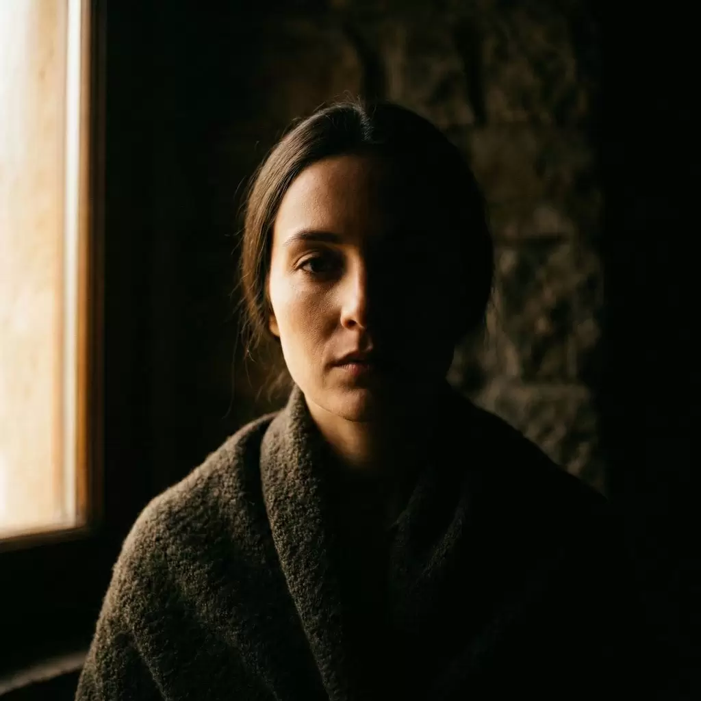 Cinematic portrait using chiaroscuro lighting to show contrast.