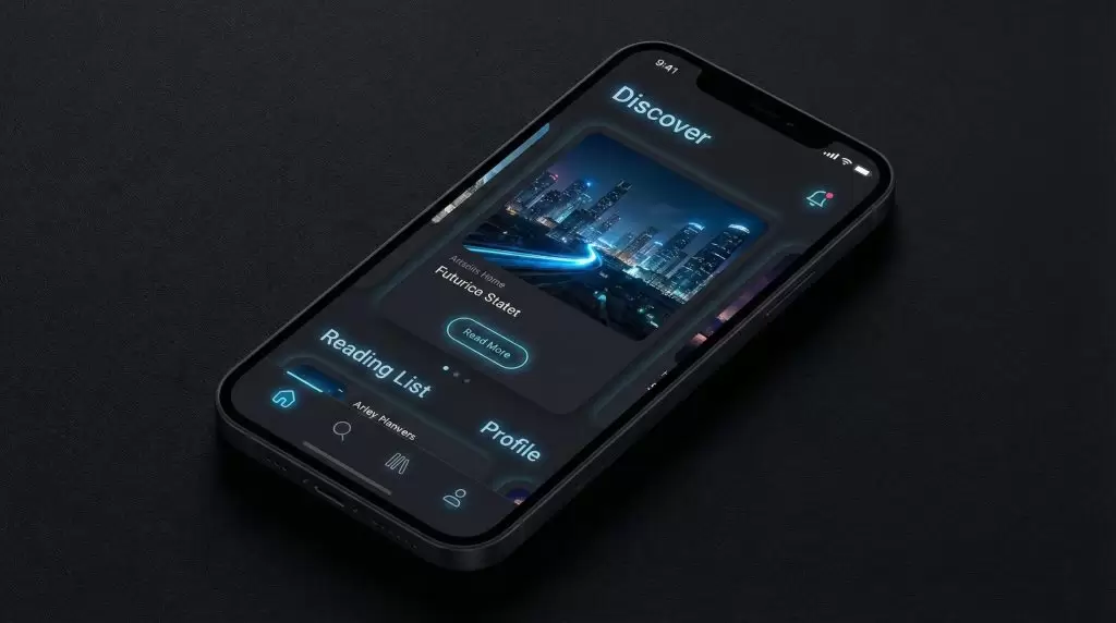 Dark mode UI design with glowing highlights showing contrast principles